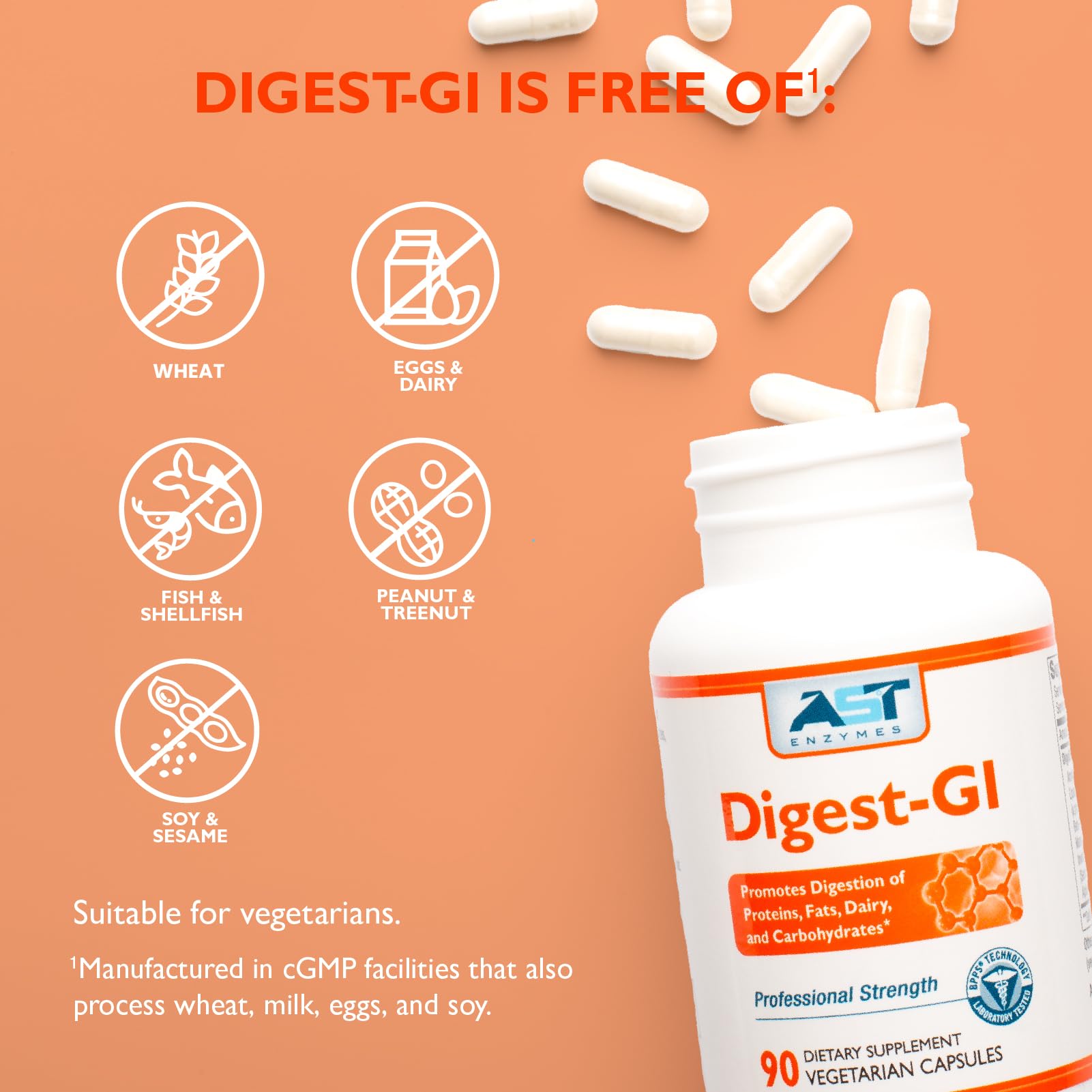 AST Enzymes Digest-GI bottle beside fresh foods suggesting gut-friendly nutrition