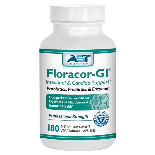 AST Enzymes Floracor-GI bottle with capsules for gut health support.