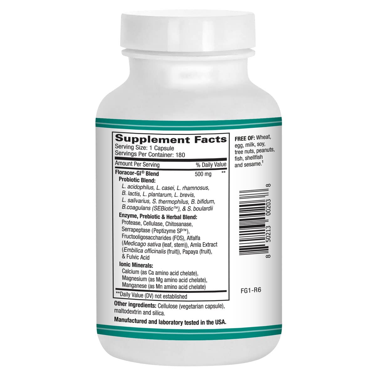 Floracor-GI product label on bottle for digestive wellness.