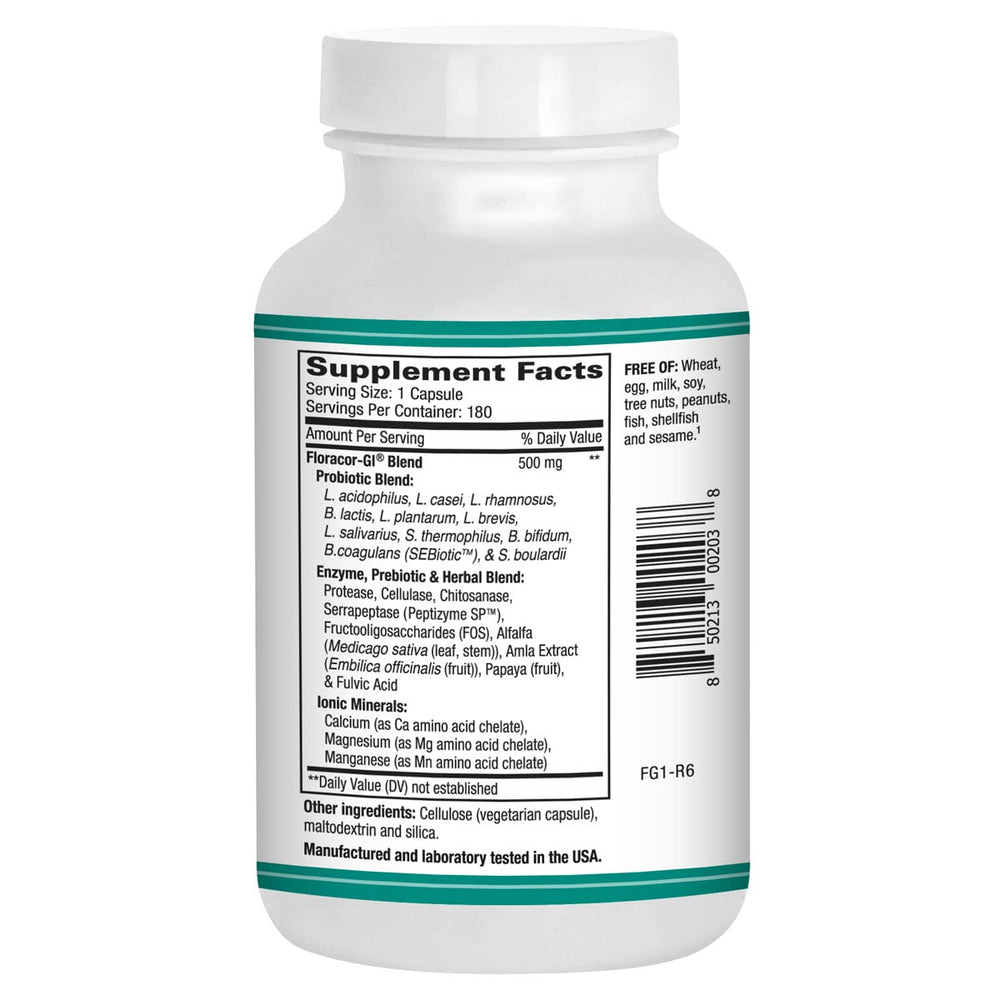 Floracor-GI product label on bottle for digestive wellness.