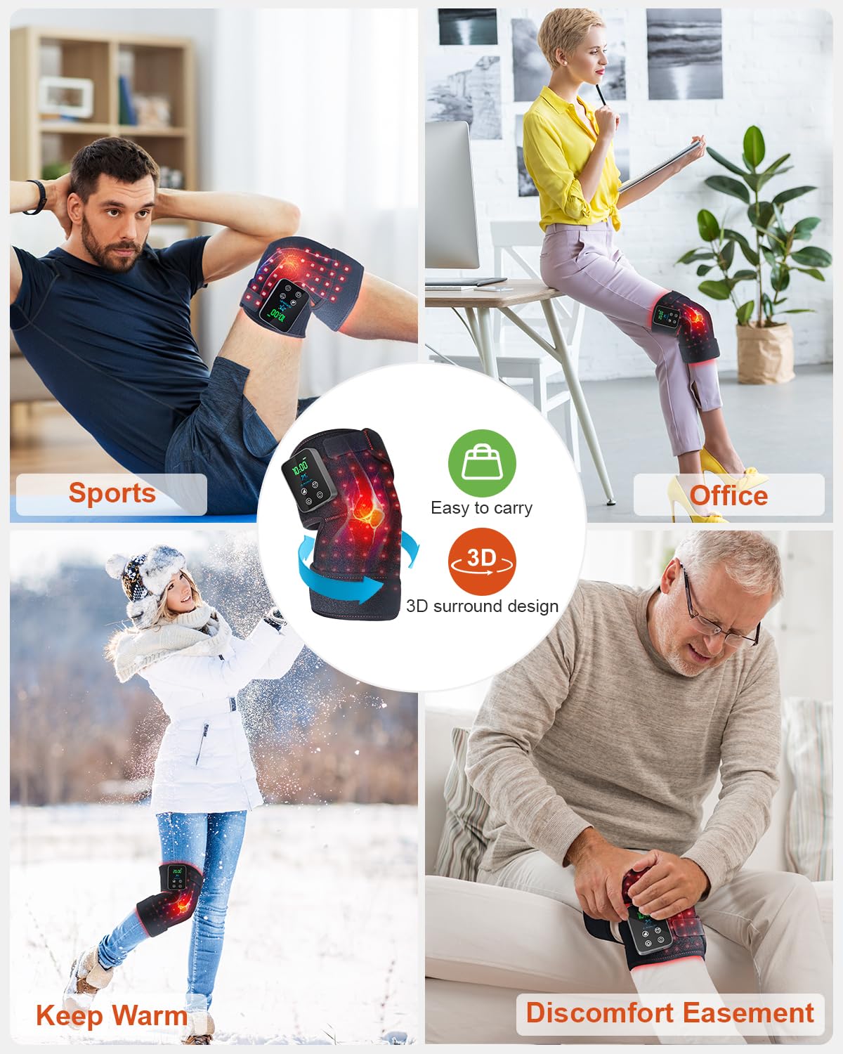 Astarexin user at desk wearing knee brace during office work.