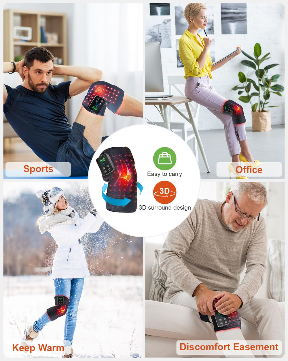 Astarexin user at desk wearing knee brace during office work.