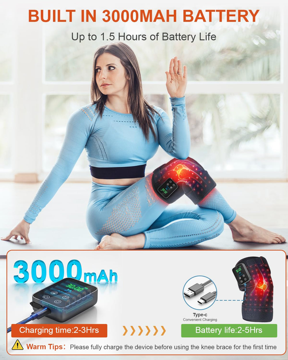 Astarexin knee brace touchscreen control showing heat and timer options.
