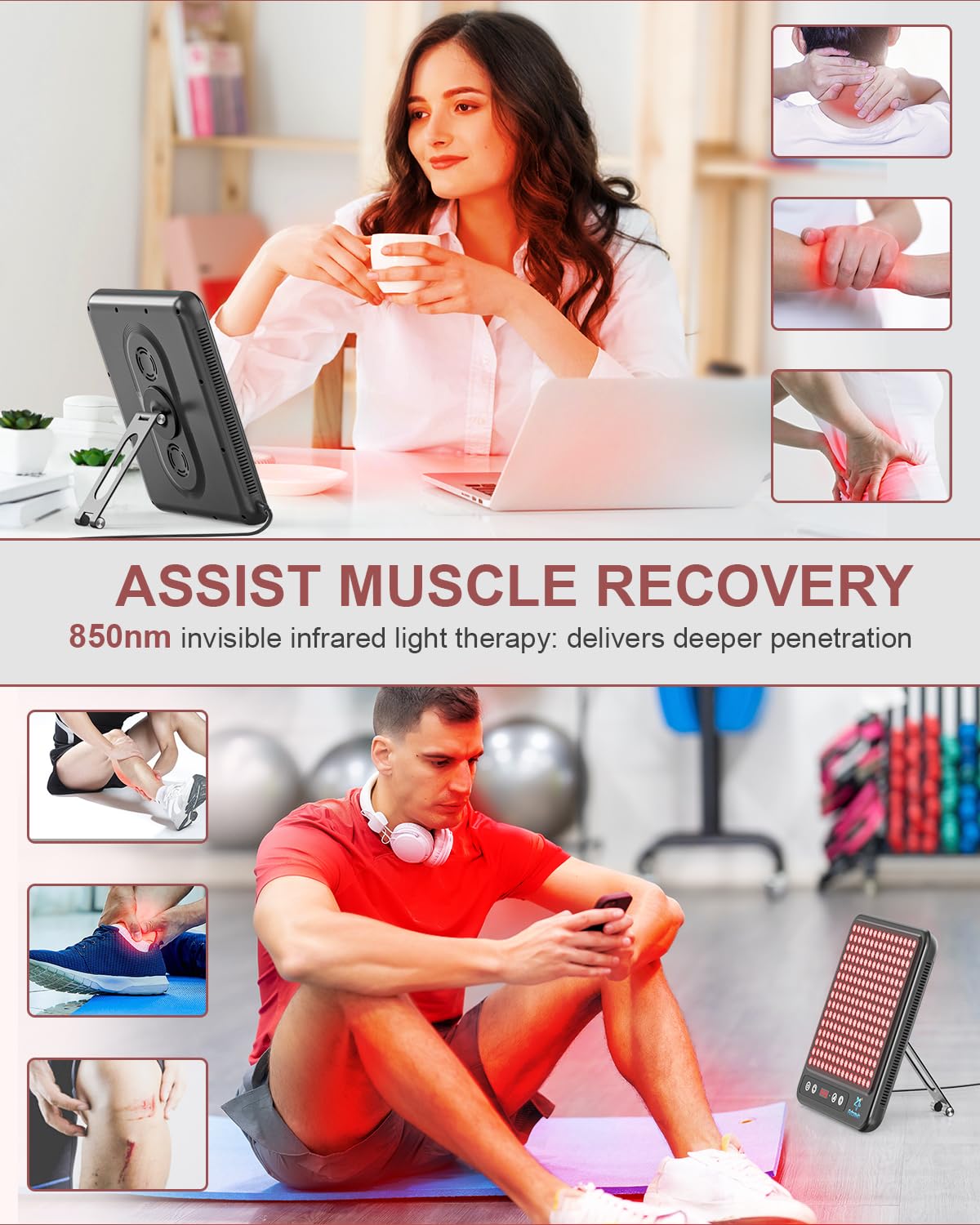 Astarexin red light panel targets arms and legs for full-body wellness sessions.