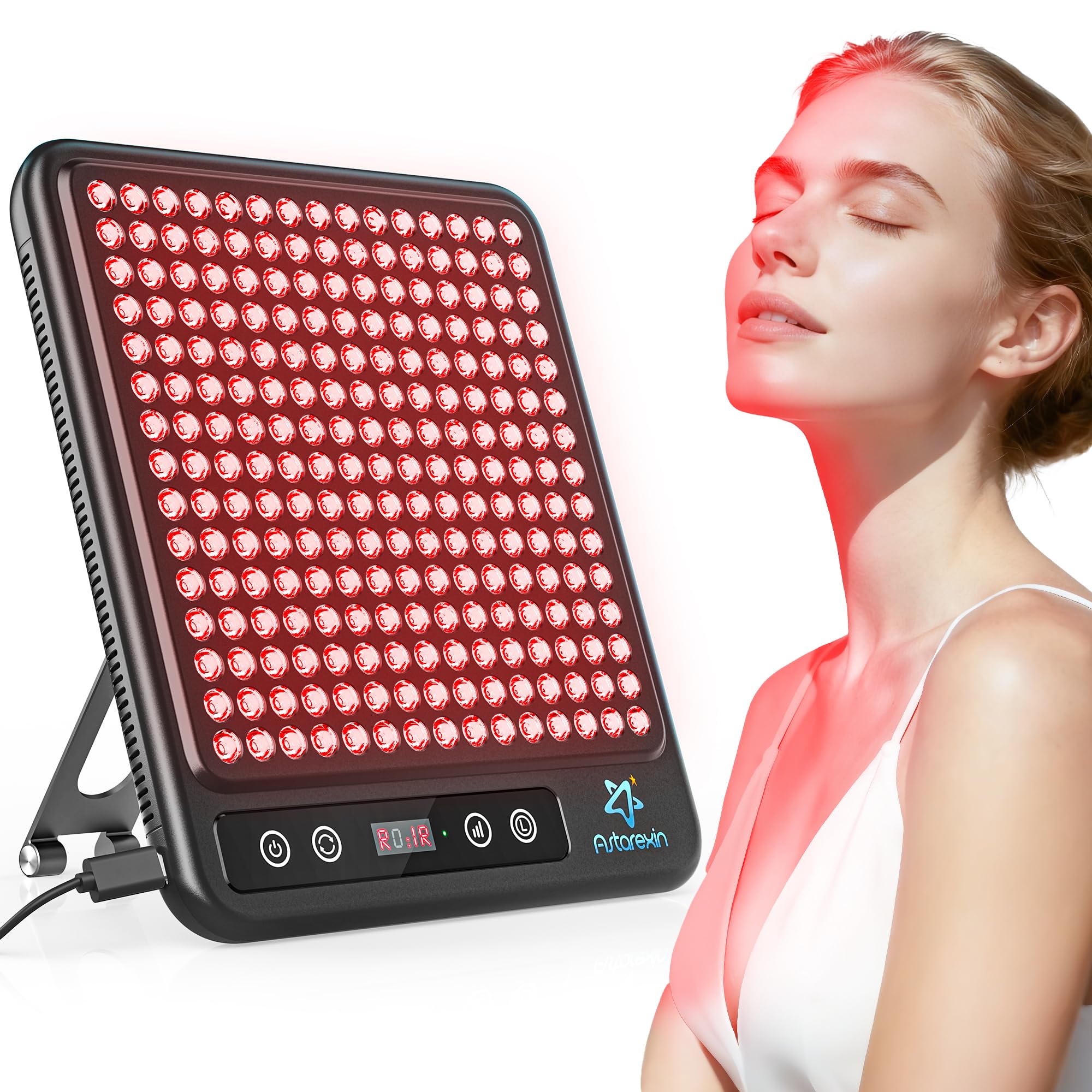 Astarexin red light panel on the face for potential skin benefits and glow.