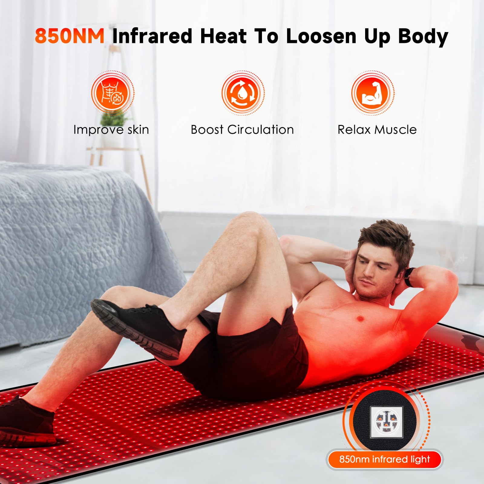 Astarexin mat displays 850nm infrared glow for deeper comfort and warmth.