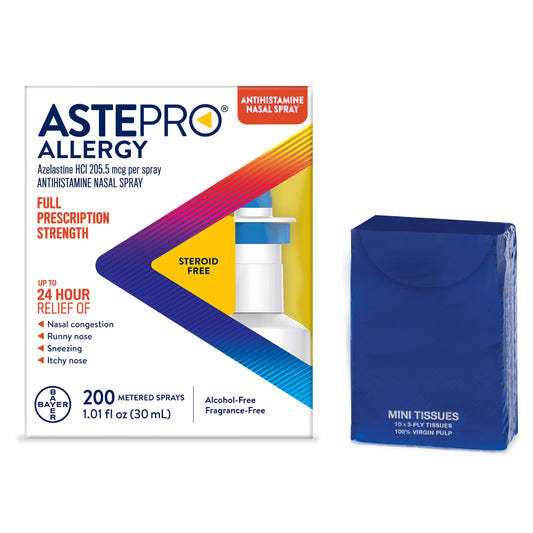 Astepro nasal spray bottle with 200 sprays offers all-day relief.