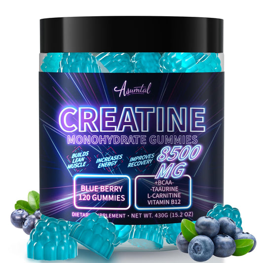 Asumtal Creatine Monohydrate Gummies blueberry bottle highlighting vegan, sugar-free energy support.