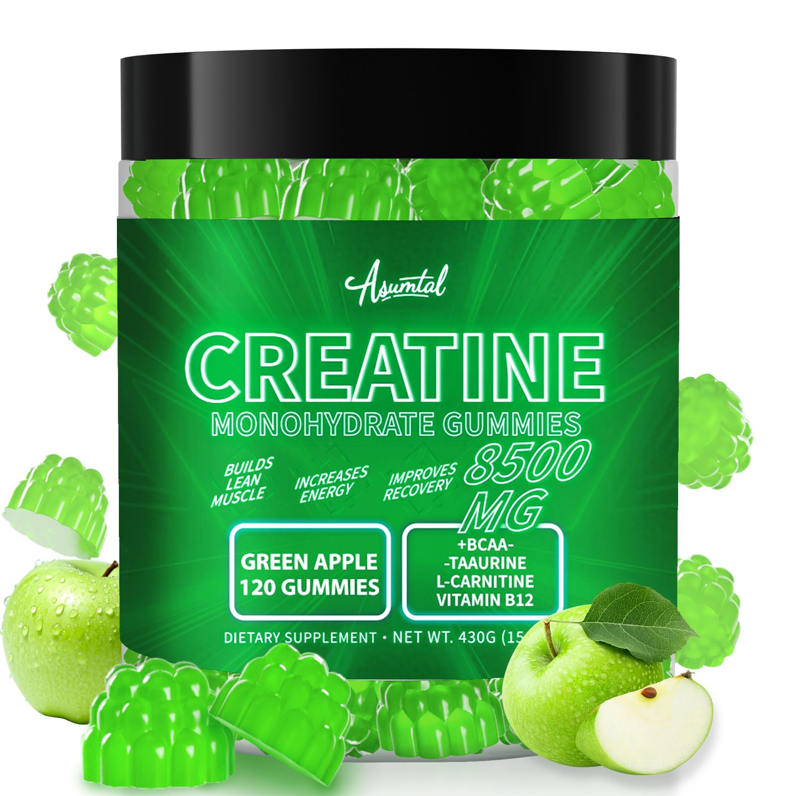 Asumtal Creatine Monohydrate Gummies bottle in green apple flavor for energy support.