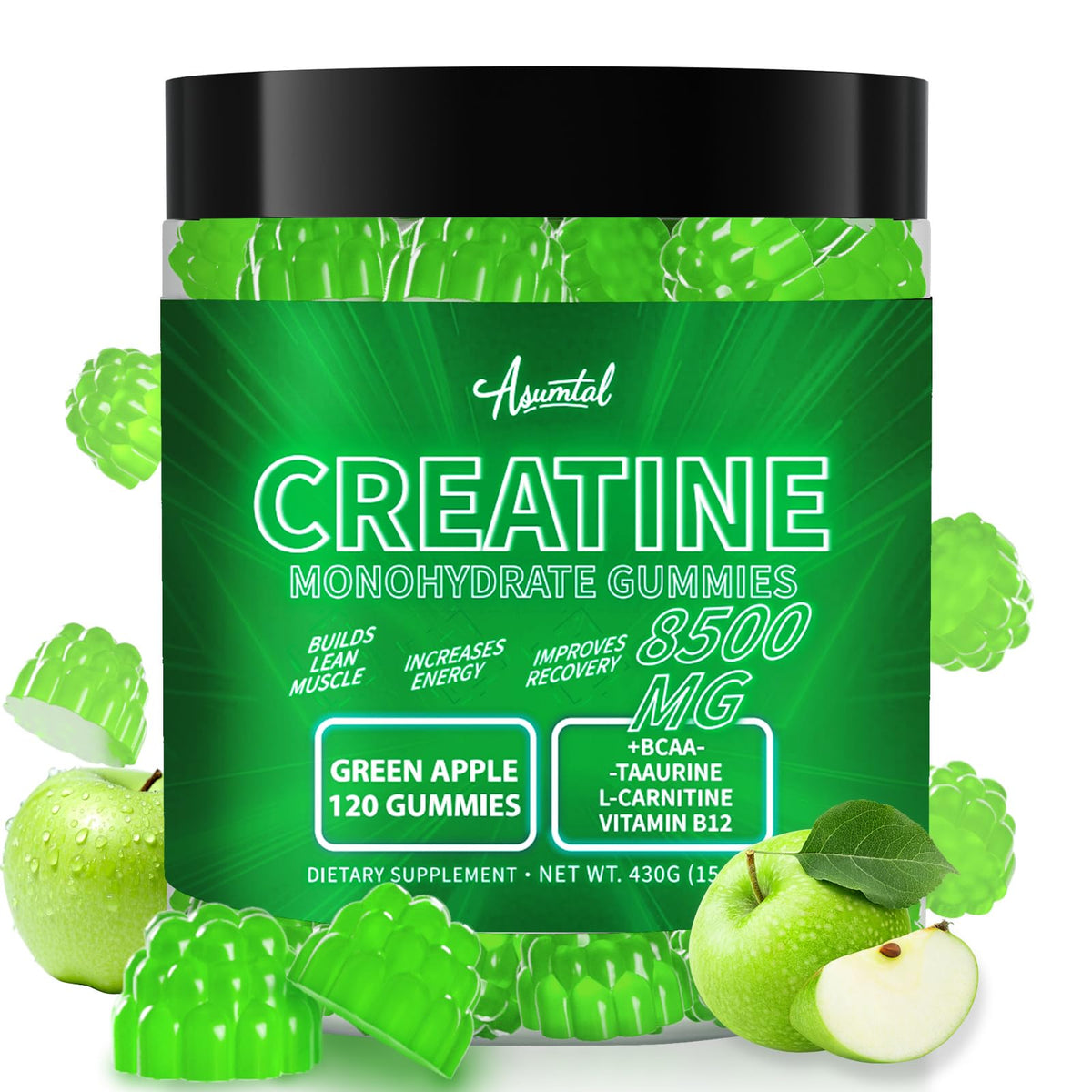 Asumtal Creatine Monohydrate Gummies bottle in green apple flavor for energy support.