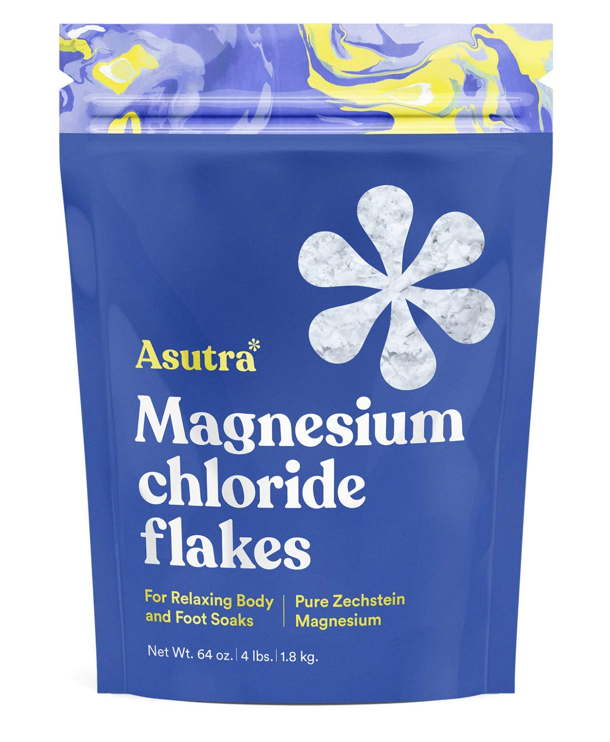 ASUTRA magnesium bath flakes in a 4 lb tub for relaxing soak and rapid absorption.