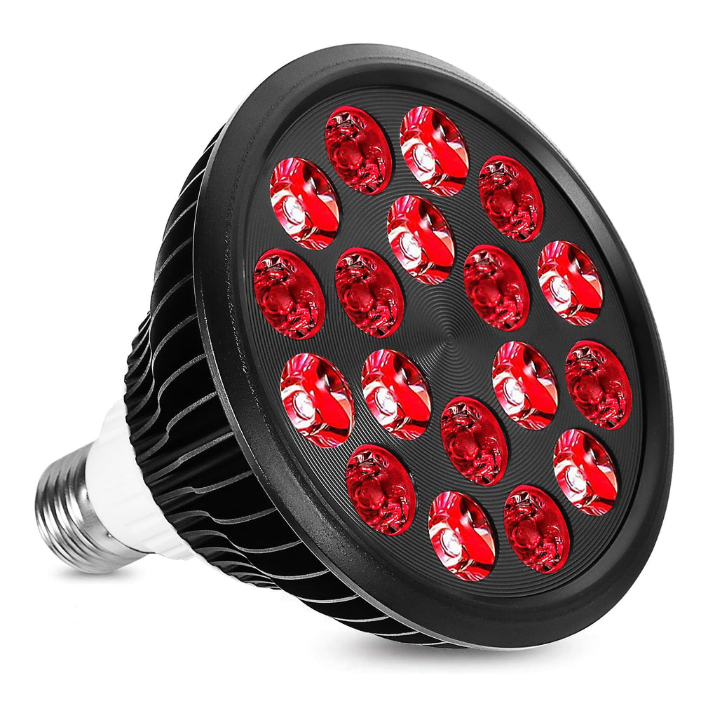 aswaysun red light therapy bulb front view showing 18 LEDs for skin and muscle care