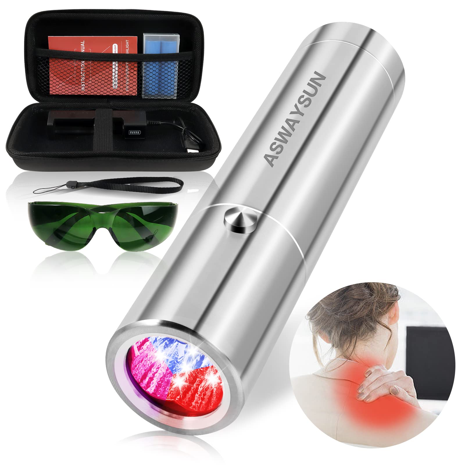 ASWAYSUN red light therapy device front view showing compact design for body relief
