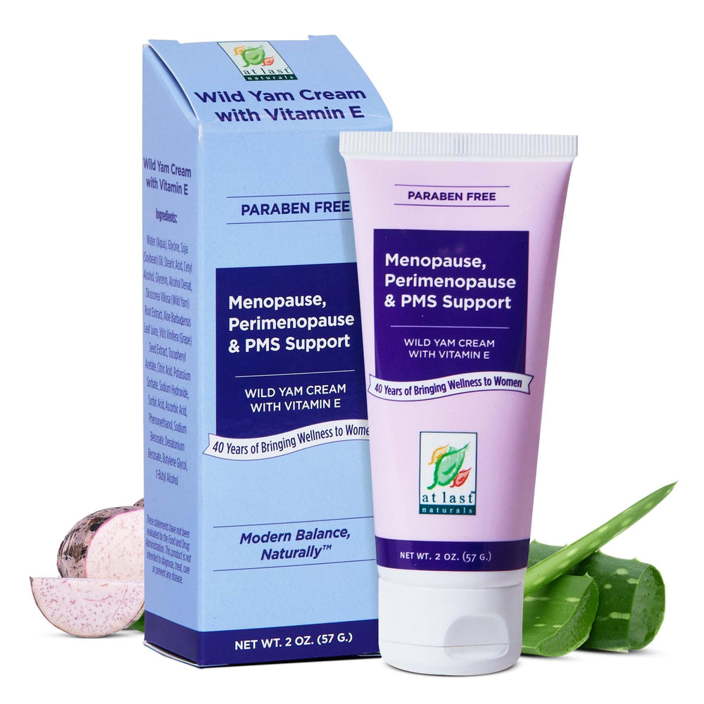 At Last Naturals Wild Yam Cream tub close-up showing smooth texture for hot flash relief.