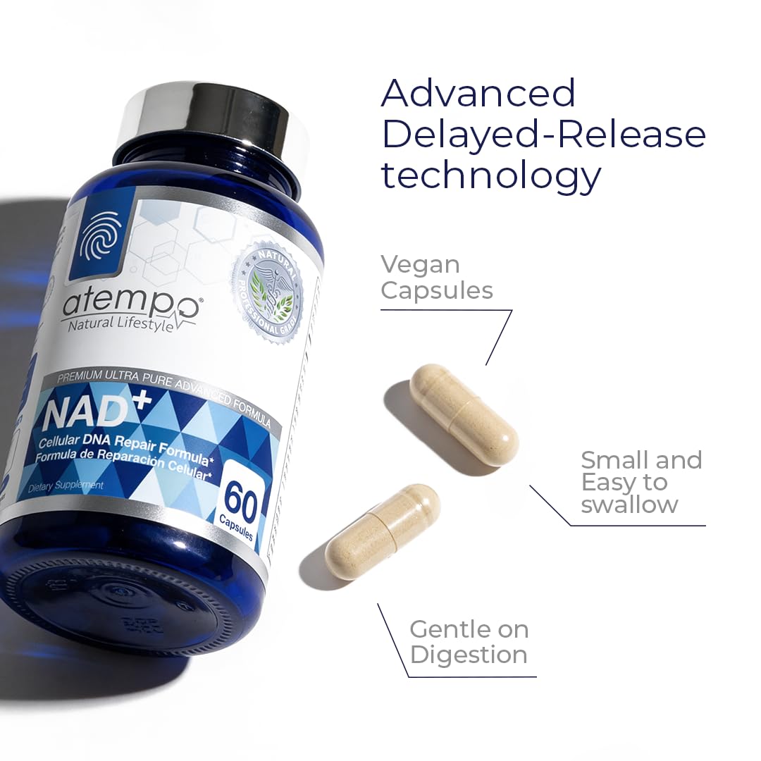 ATEMPO Natural NAD+ bottle on a clean, organized table.