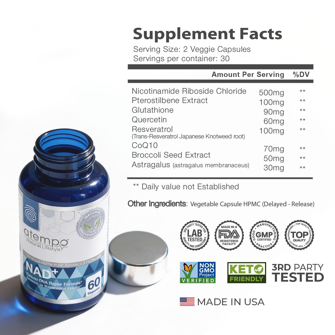 Close-up of NAD+ capsules highlighting high absorption formula.