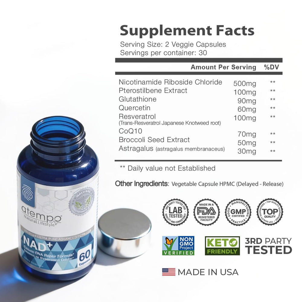 Close-up of NAD+ capsules highlighting high absorption formula.