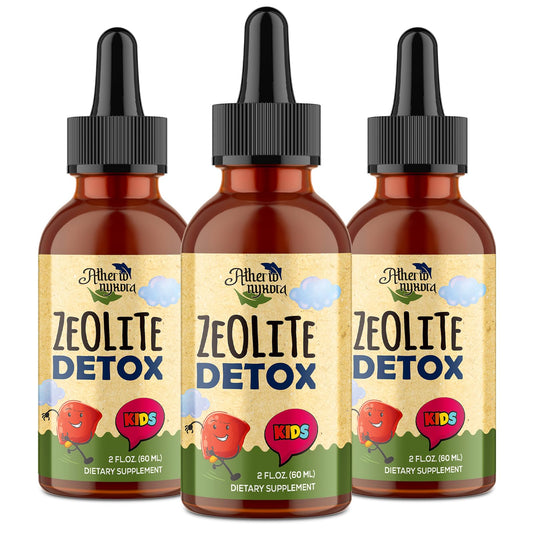 Atherionyxora Zeolite Detox for Kids bottle on table for gentle, natural support.
