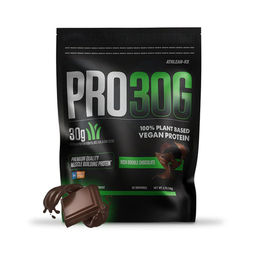 ATHLEAN-RX PRO-30G tub front highlights plant-based protein for recovery and performance.