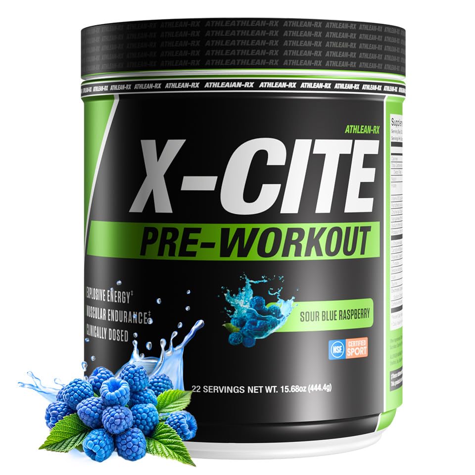 ATHLEAN-RX X-CITE bottle close-up highlighting boosted energy for intense workouts.