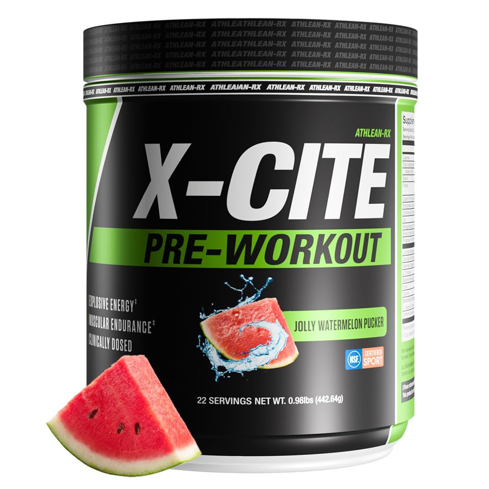 ATHLEAN-RX X-CITE bottle with Jolly Watermelon flavor fuels workouts.