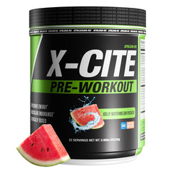ATHLEAN-RX X-CITE bottle with Jolly Watermelon flavor fuels workouts.