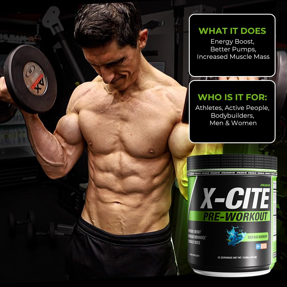 Athlean-RX X-CITE with bottle and shaker signaling focused energy during workouts.