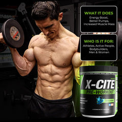 Athlean-RX X-CITE with bottle and shaker signaling focused energy during workouts.