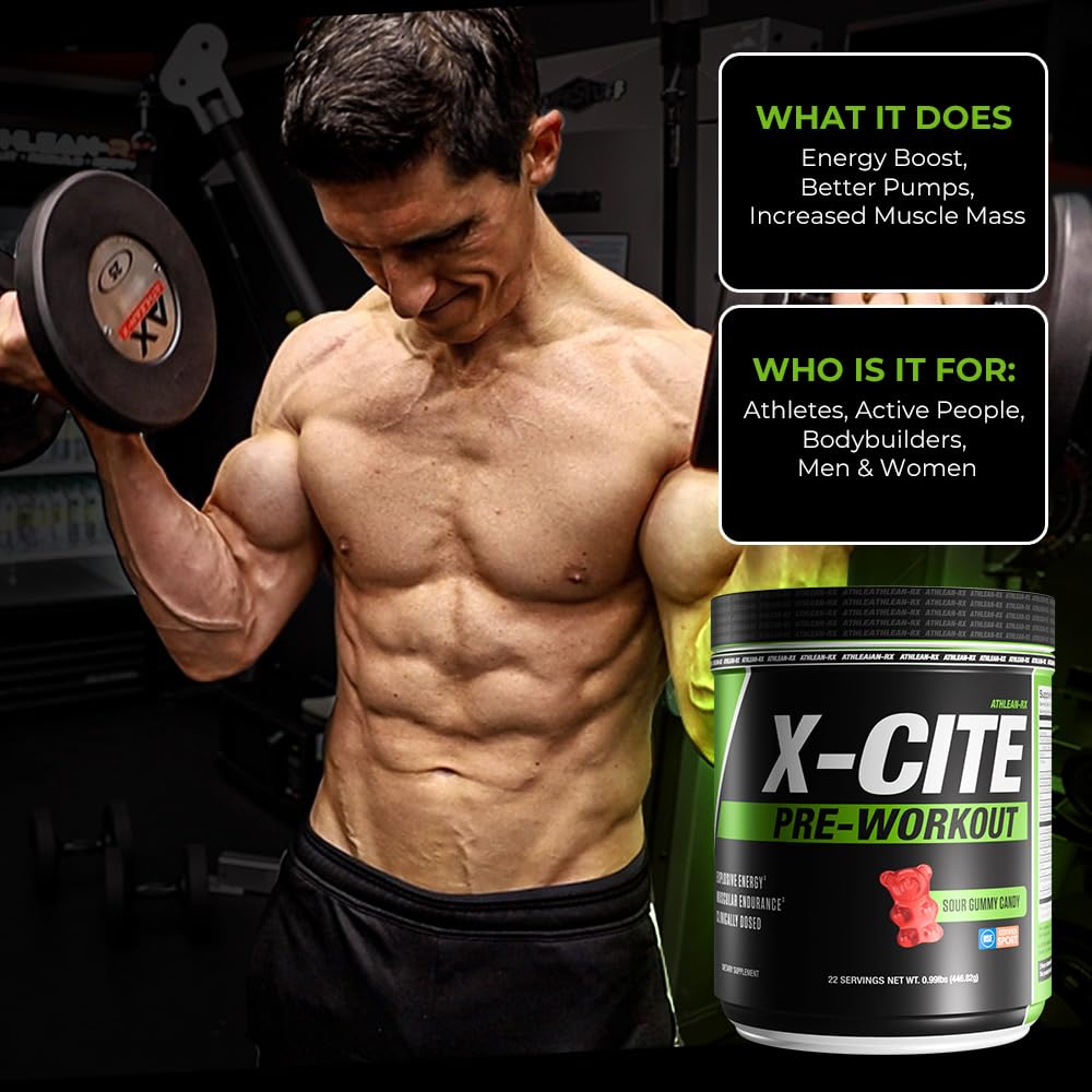 AthLEAN-RX X-CITE Sour Gummy Bear flavor visuals highlighting taste.