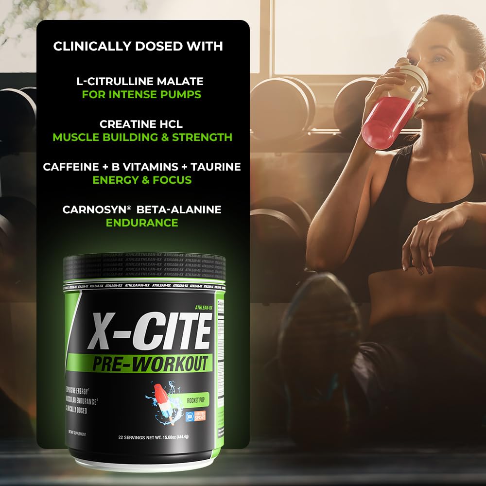 ATHLEAN-RX X-CITE label view highlighting ingredients and NSF certification