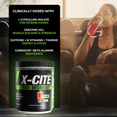 ATHLEAN-RX X-CITE label close-up noting NSF certification and clean ingredients