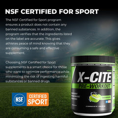 ATHLEAN-RX X-CITE NSF-certified badge signals sport-safe formulation.