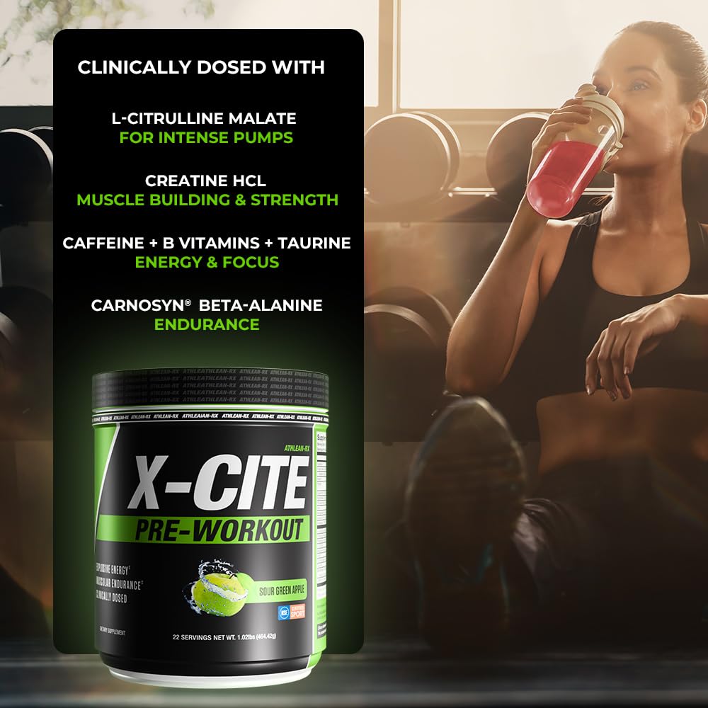ATHLEAN-RX X-CITE Sour Green Apple flavor ready to drink for pre-workout fueling.