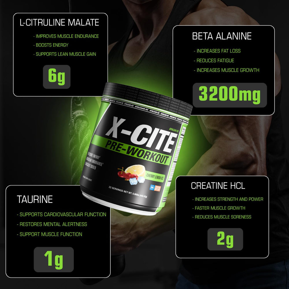 ATHLEAN-RX X-CITE tub label highlights NSF certification and ingredients