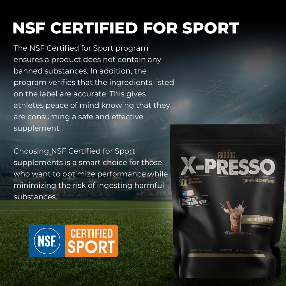 ATHLEAN-RX Xpresso bottle label detail gluten-free and low sugar benefits.