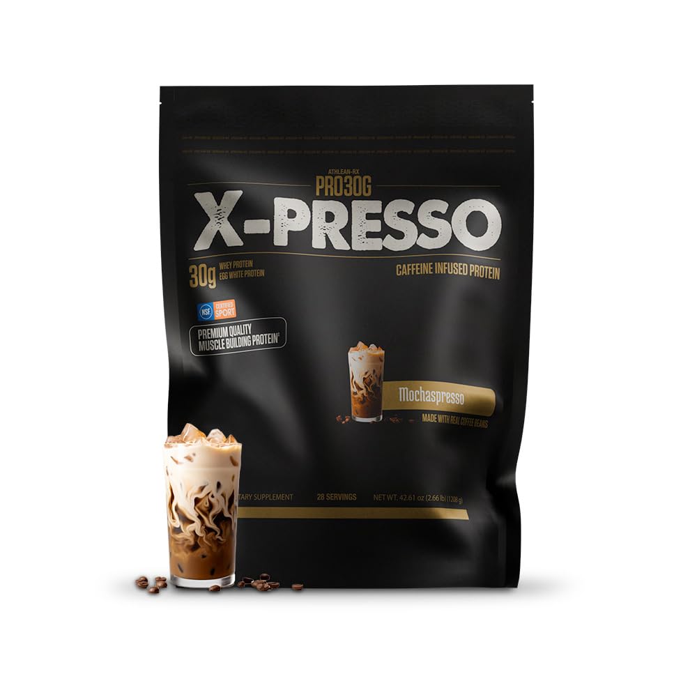 ATHLEAN-RX Xpresso Mochaspresso bottle highlighting 30g protein for post-workout support.