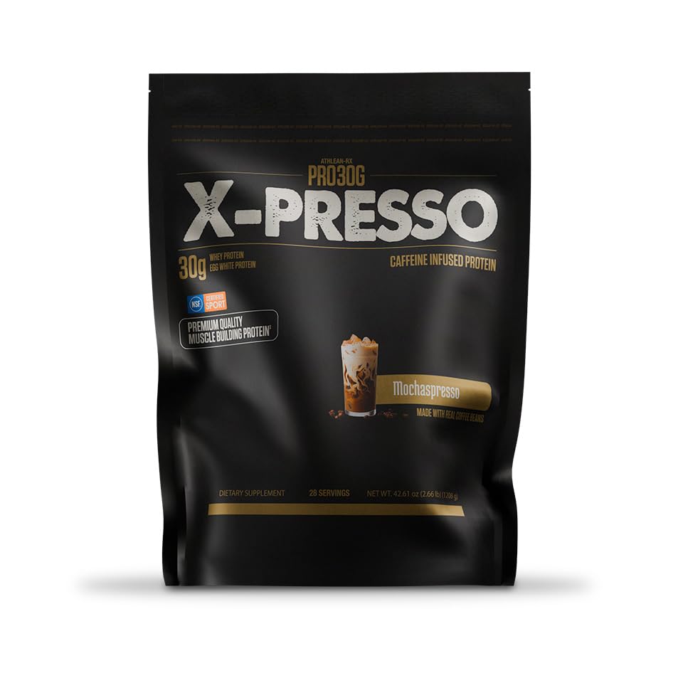 ATHLEAN-RX Xpresso Mochaspresso shake in glass ready after training for energy.