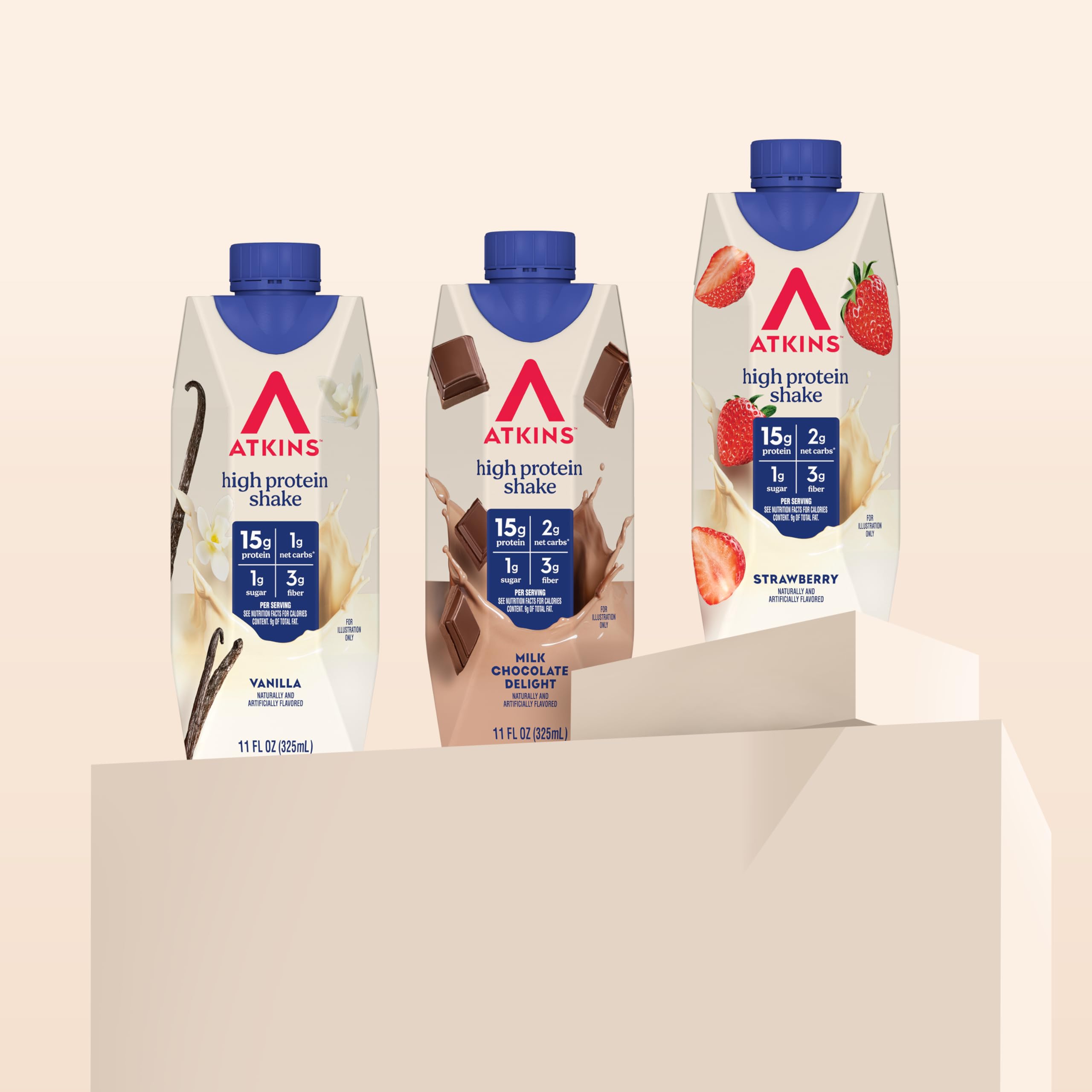 Atkins Best Sellers nutrition label close-up, 15g protein per serving.
