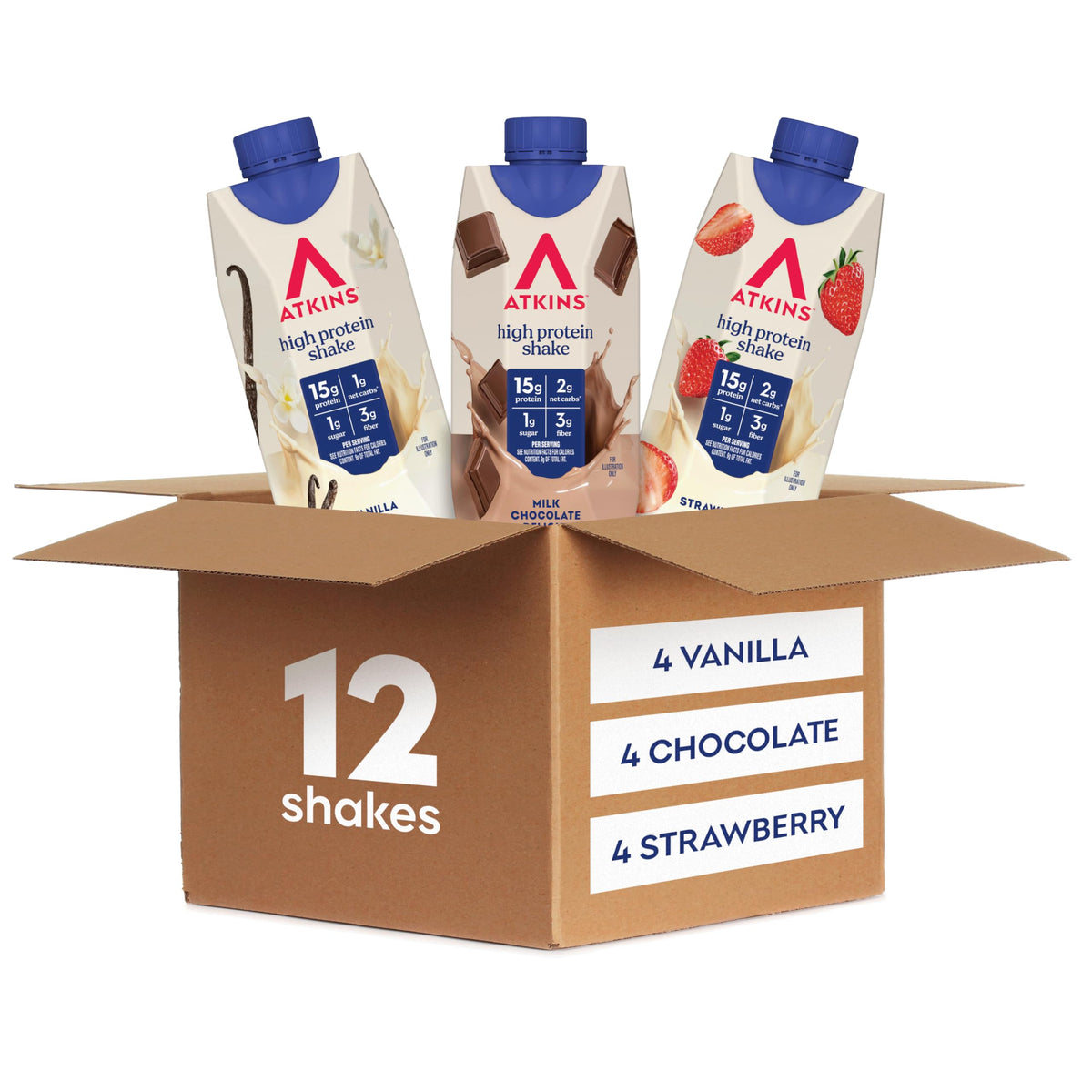Atkins Best Sellers Strawberry shake bottle pour, high-protein snack option.