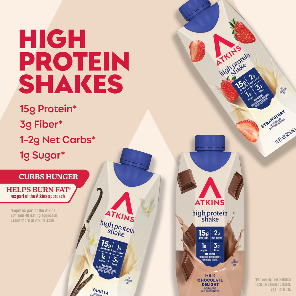 Atkins Best Sellers Vanilla shake bottle pour for creamy satisfaction.