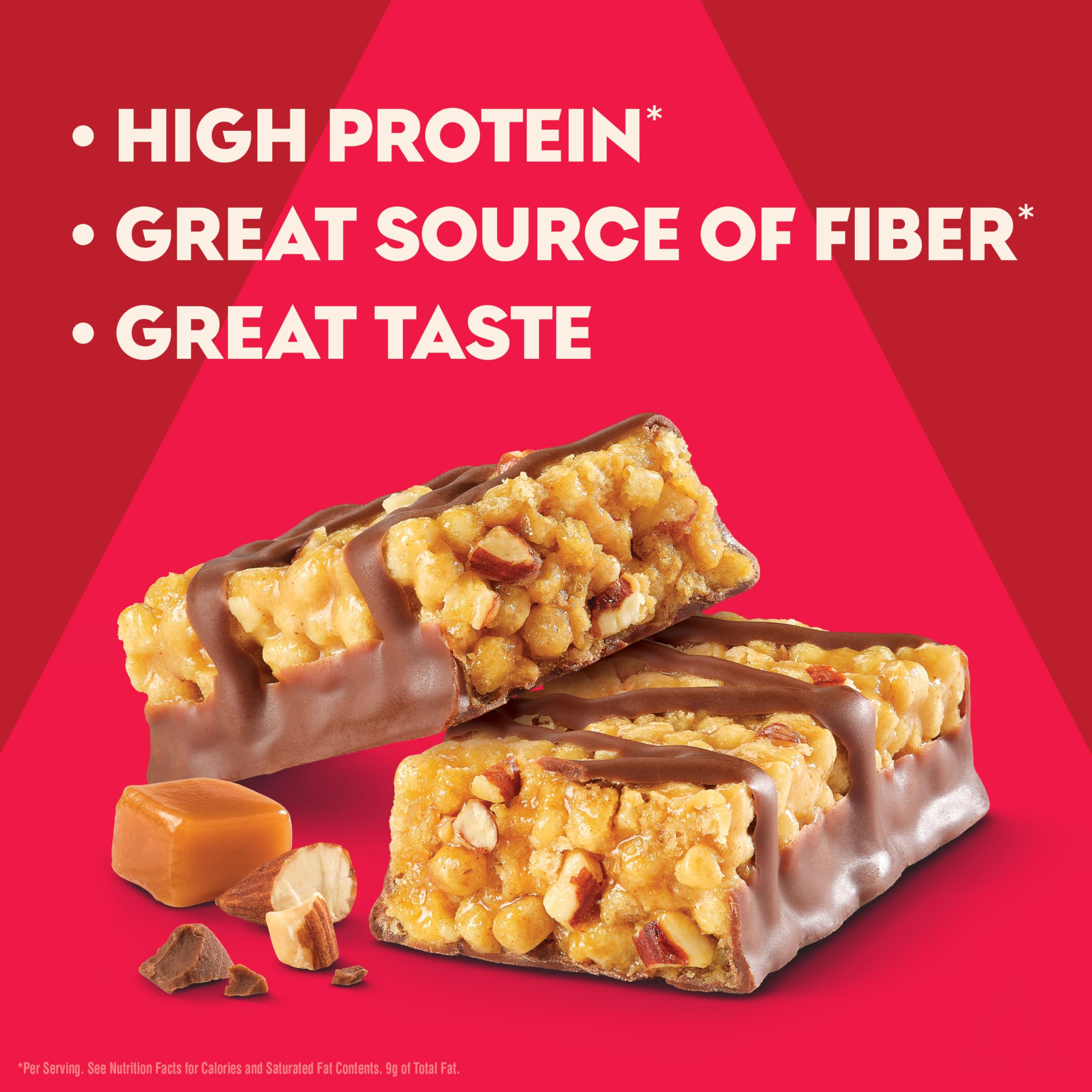 Atkins Chocolate Almond Caramel bar cross-section — almond butter, chocolate drizzle, caramel center.