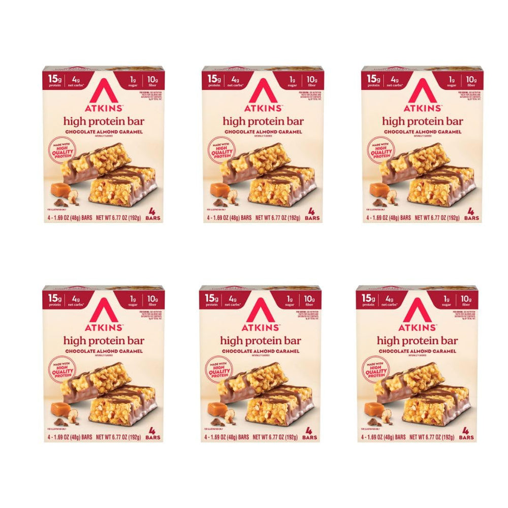 Atkins Chocolate Almond Caramel bar pack — convenient single-serve, 15g protein per bar.