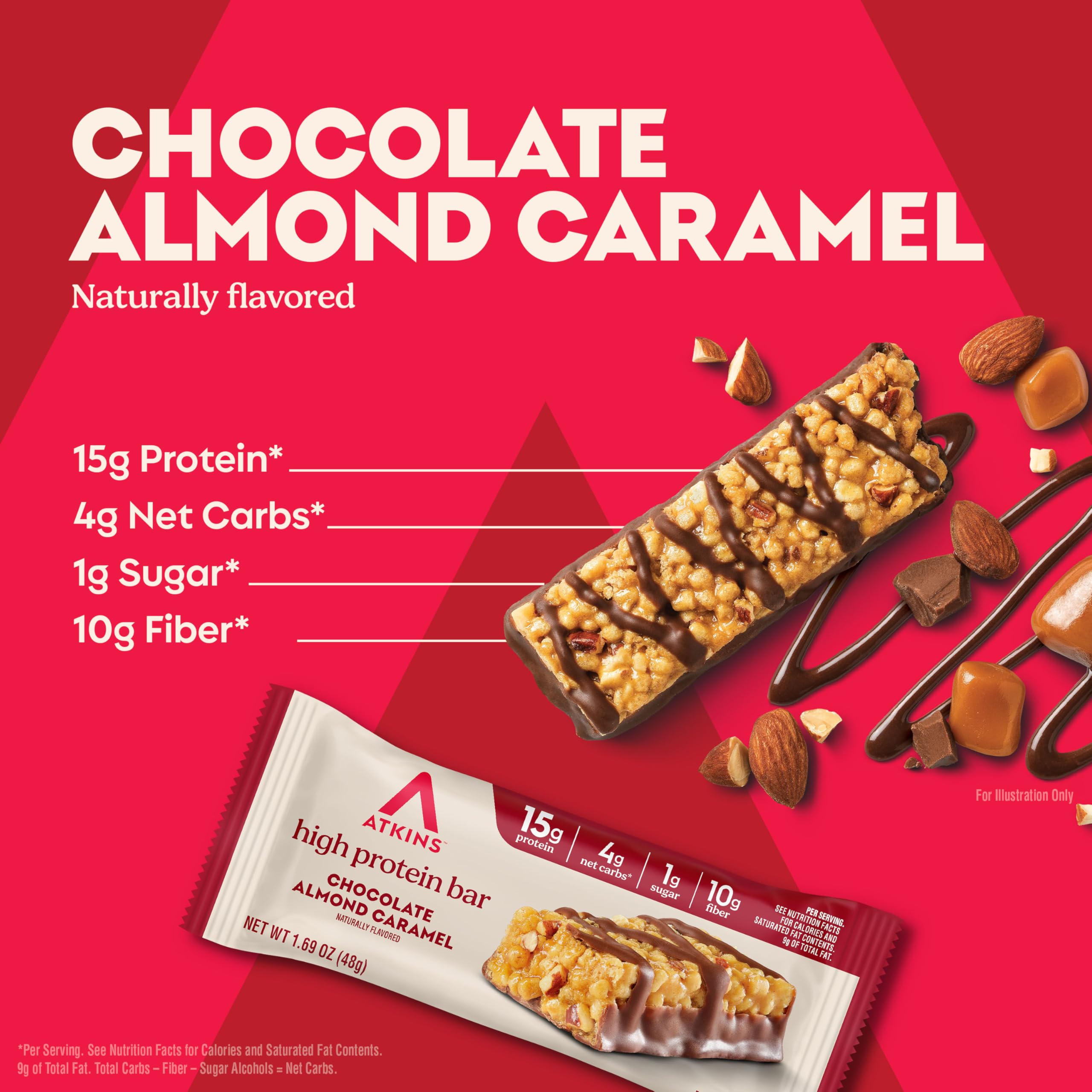 Atkins Chocolate Almond Caramel bar wrapper — gluten-free keto snack with rich chocolatey flavor.