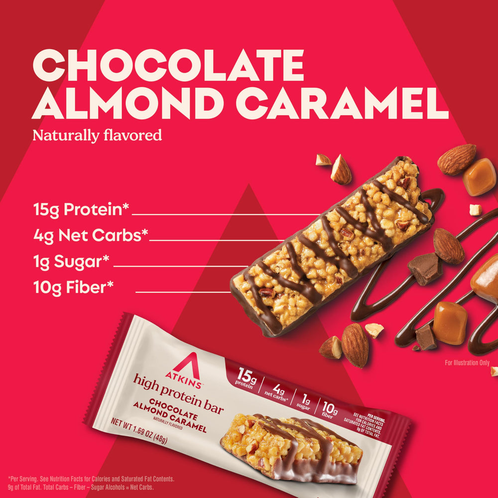 Atkins Chocolate Almond Caramel bar wrapper — gluten-free keto snack with rich chocolatey flavor.