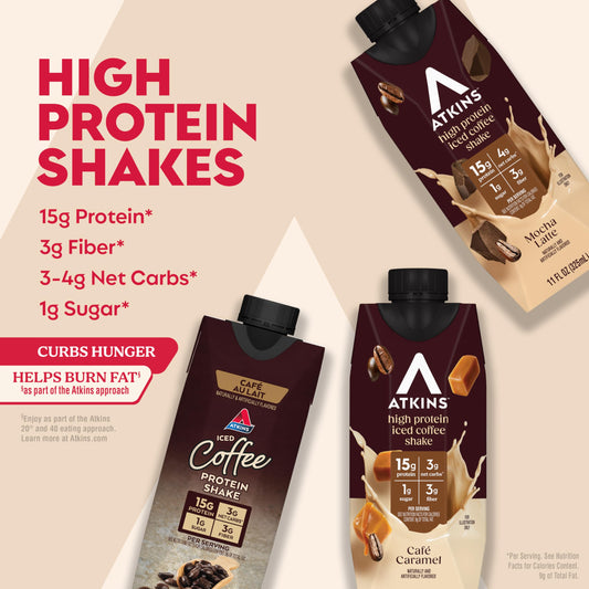 Atkins Coffee Lovers Cafe Caramel bottle pour; smooth energy, low sugar.