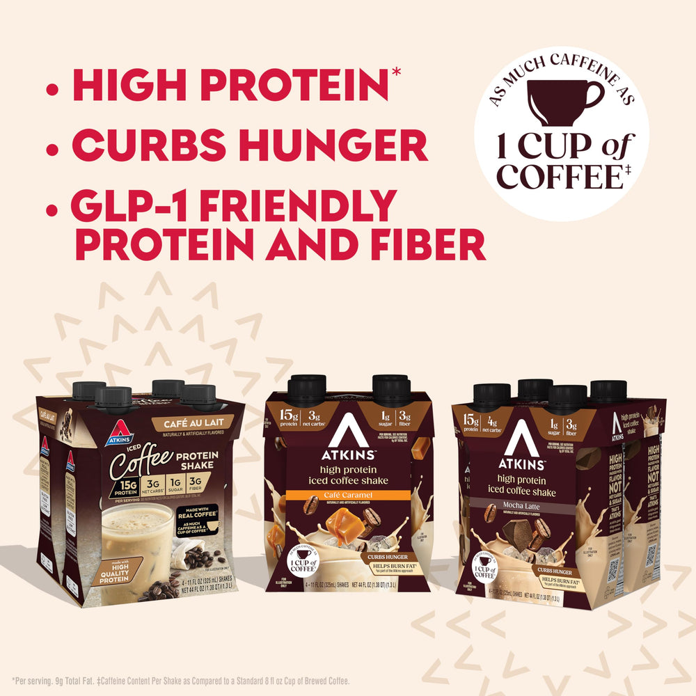 Atkins Coffee Lovers iced shakes; grab-and-go satisfaction for busy days.