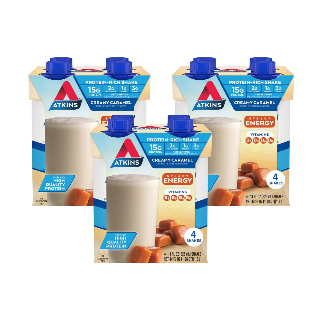 Atkins creamy caramel energy shake bottle ready for a between-meal snack