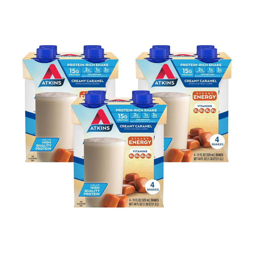 Atkins creamy caramel energy shake bottle ready for a between-meal snack