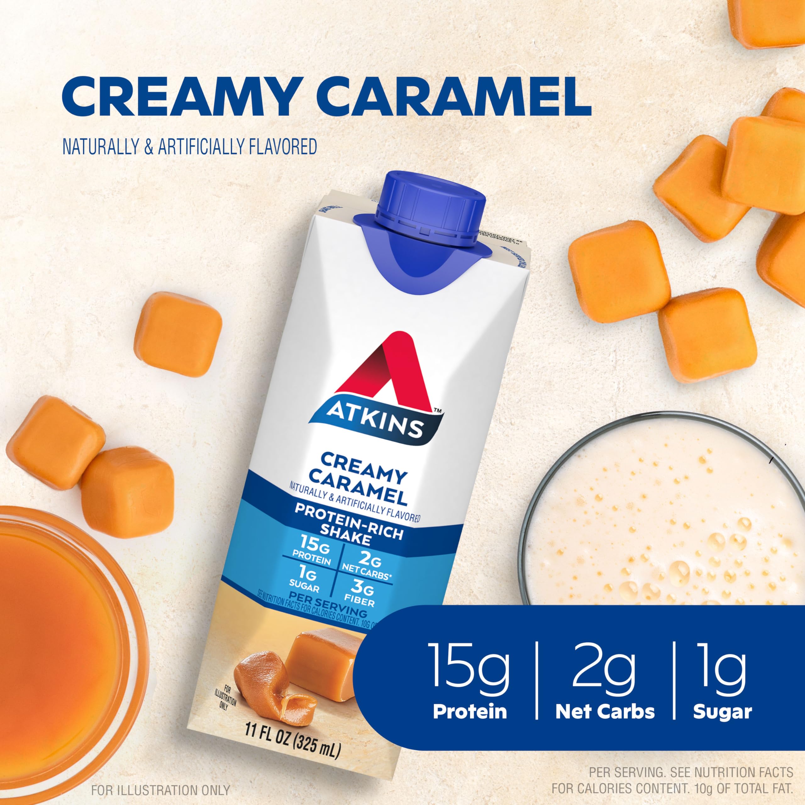 Atkins energy shake pour close-up highlighting creamy caramel texture