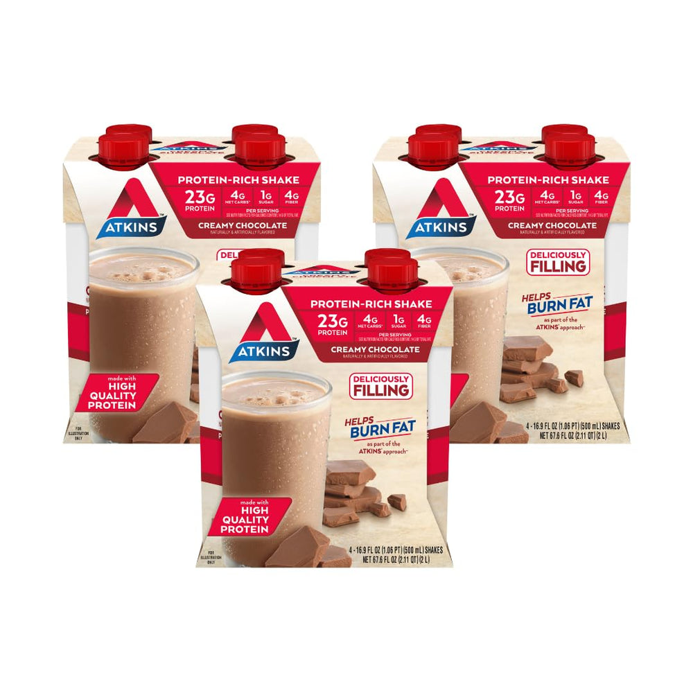 Atkins Creamy Chocolate Shake bottle front highlighting 23g protein per serving.